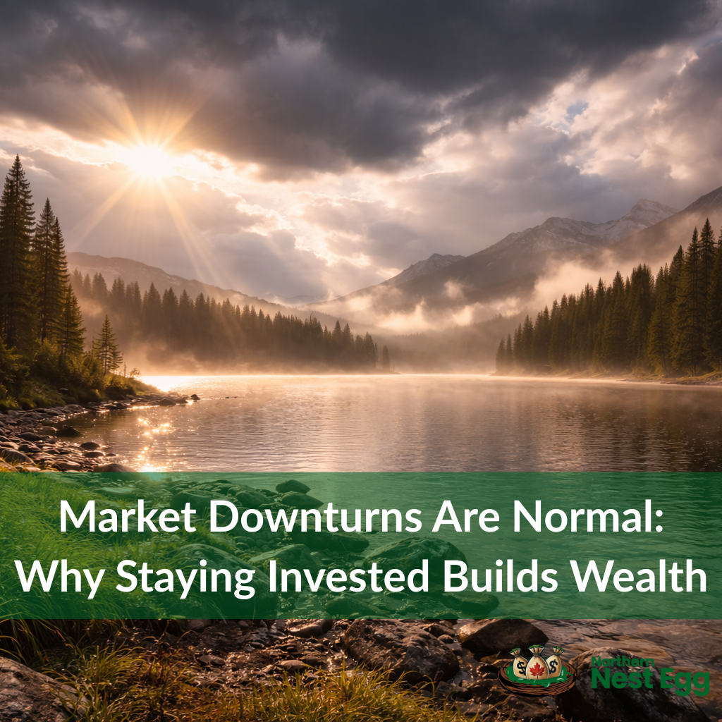 A Canadian landscape shot where weather or drama has just passed — dark clouds breaking to reveal light over a lake or open field, or a misty morning after rain with sun beginning to come through. The mood is resilience and recovery rather than pure serenity.