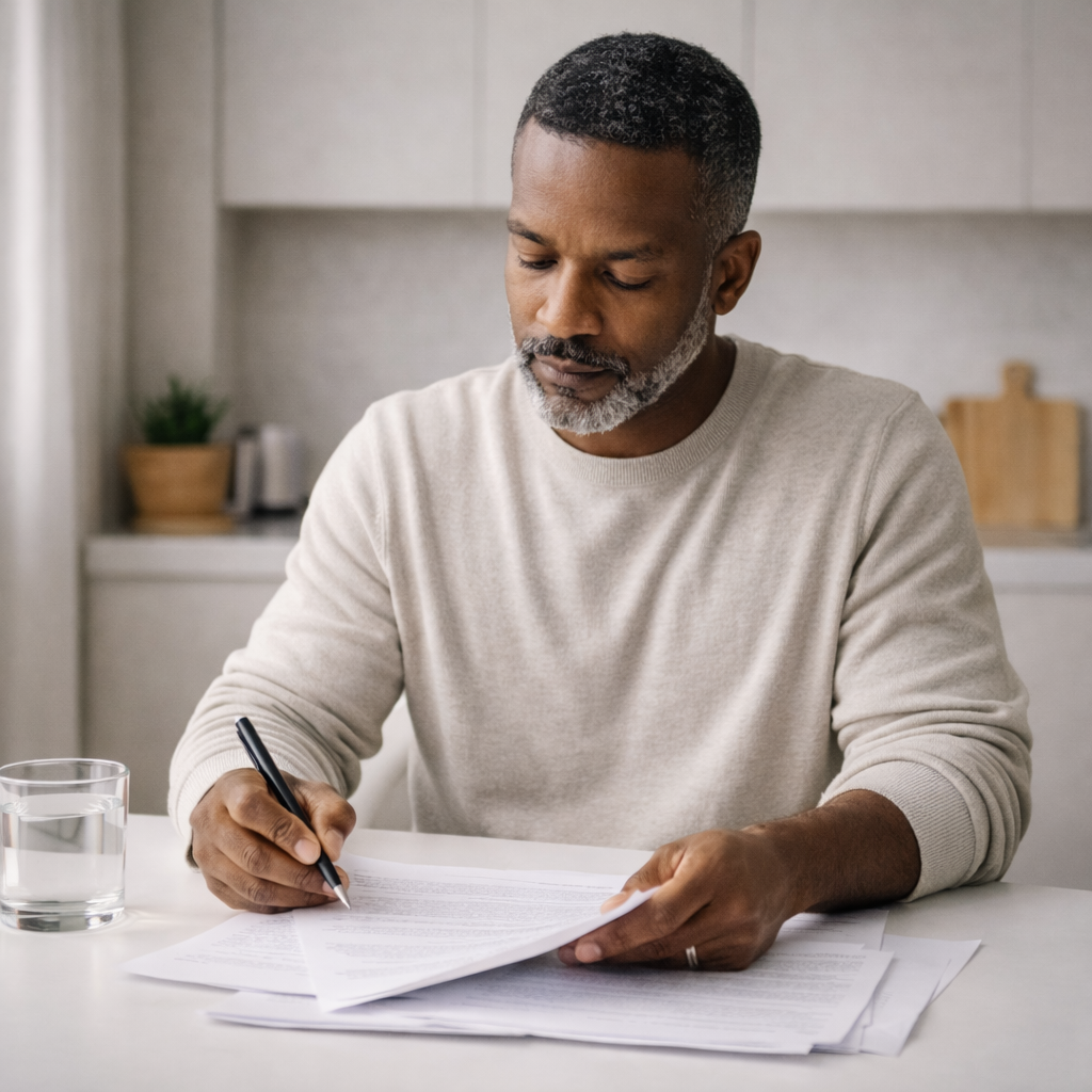 Lifestyle photography, Black man in his 40s sitting at a bright kitchen table reviewing printed documents with a pen, natural light, calm and focused expression, neutral tones, clean minimal background, no laptop, editorial style, deliberate and organized mood