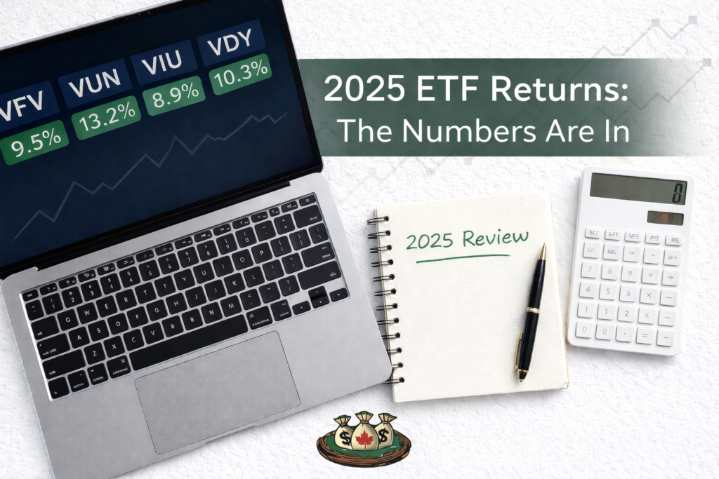 Flat lay: Laptop screen with ETF tickers Notebook titled “2025 Review” Clean calculator Subtle upward line chart in background Full Northern Nest Egg logo Overlay text: 2025 ETF Returns: The Numbers Are In