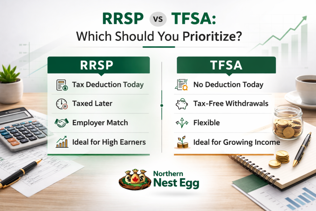 Visual Concept: Left side labelled “RRSP” Right side labelled “TFSA” Under each: RRSP: Tax deduction today Taxed later Employer match Ideal for high earners TFSA: No deduction today Tax-free withdrawals Flexible Ideal for growing income Top overlay text: RRSP vs TFSA: Which Should You Prioritize? Bottom corner: Northern Nest Egg logo, clean placement.