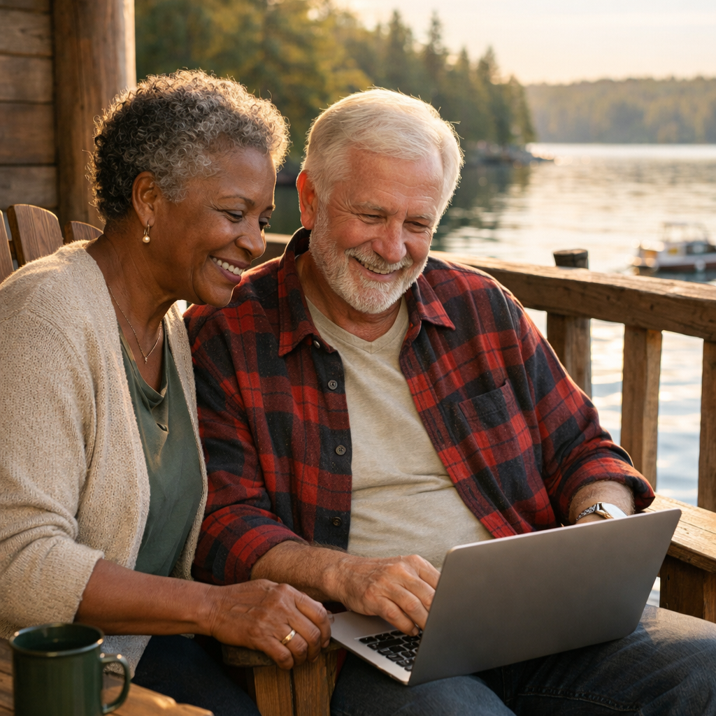 older Canadian couple on a wooden porch overlooking a lake, one with a laptop open, soft afternoon light, warm and unhurried, editorial lifestyle photography style
