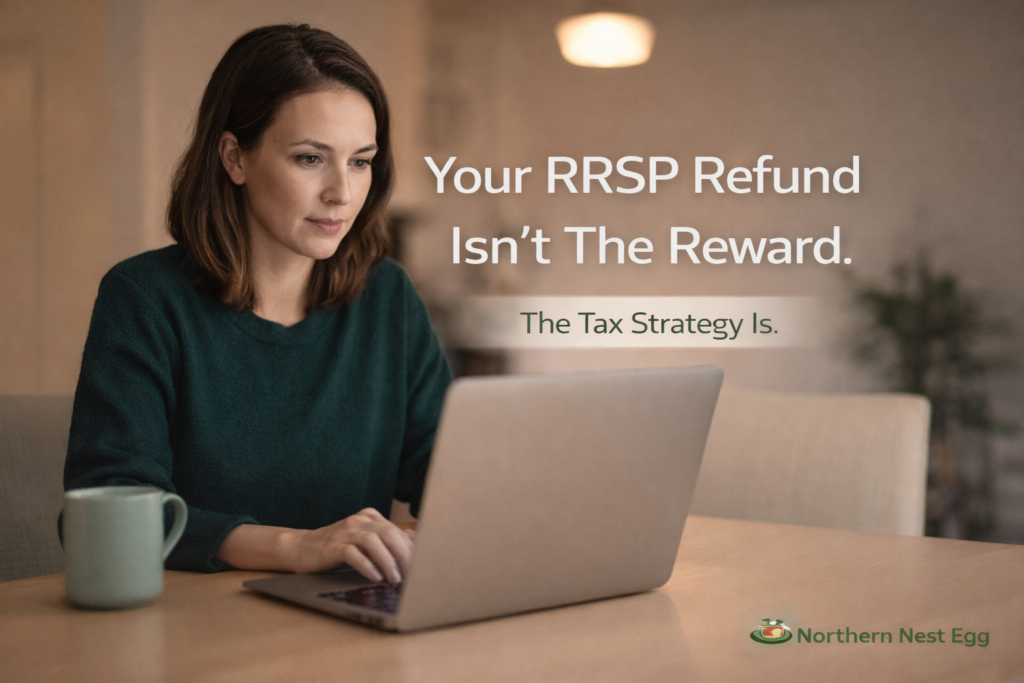 • Someone sitting at a clean dining table • Laptop open • Soft lighting • Focused expression • Subtle overlay: Your RRSP Refund Isn’t The Reward. Smaller line: The Tax Strategy Is. Northern Nest Egg logo bottom right.