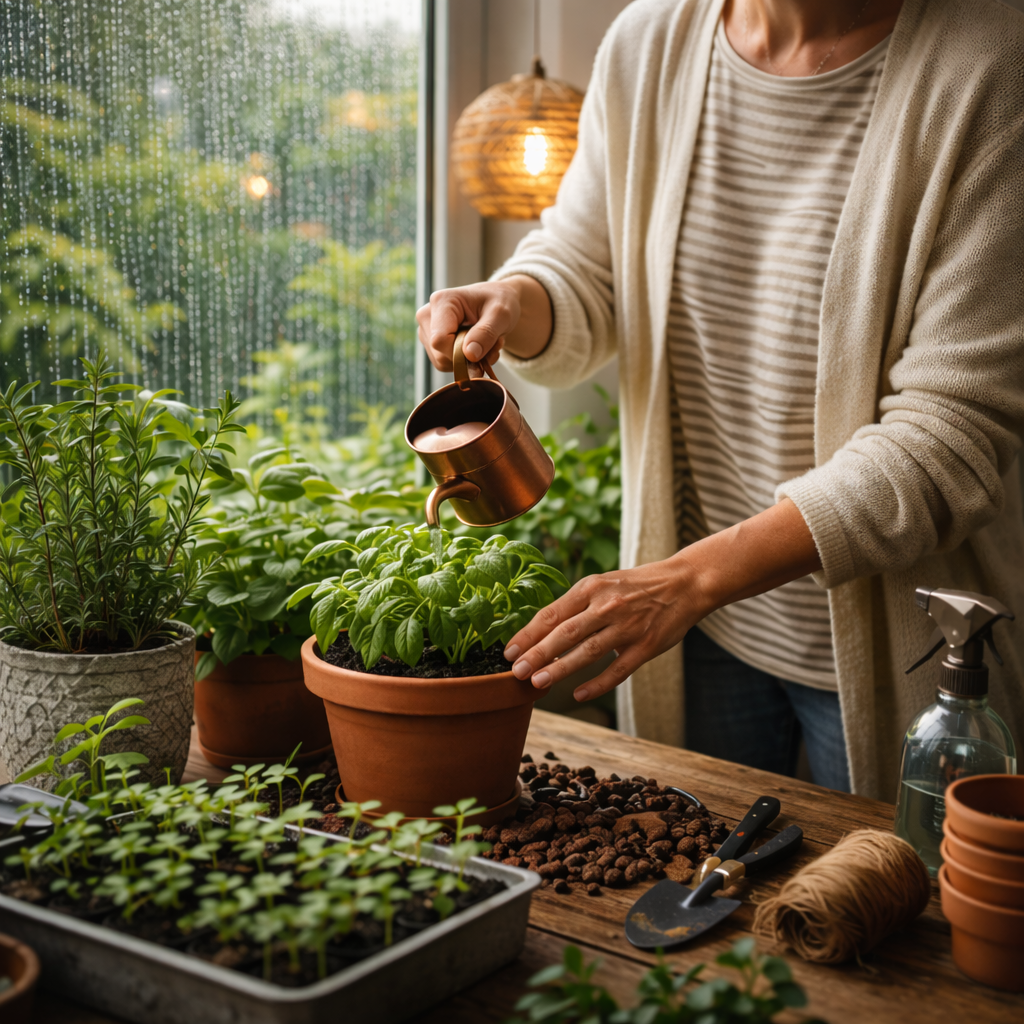 A woman is calmly tending to a small indoor plant or garden while rain is visible through the window behind them. The storm is happening — they're unbothered.